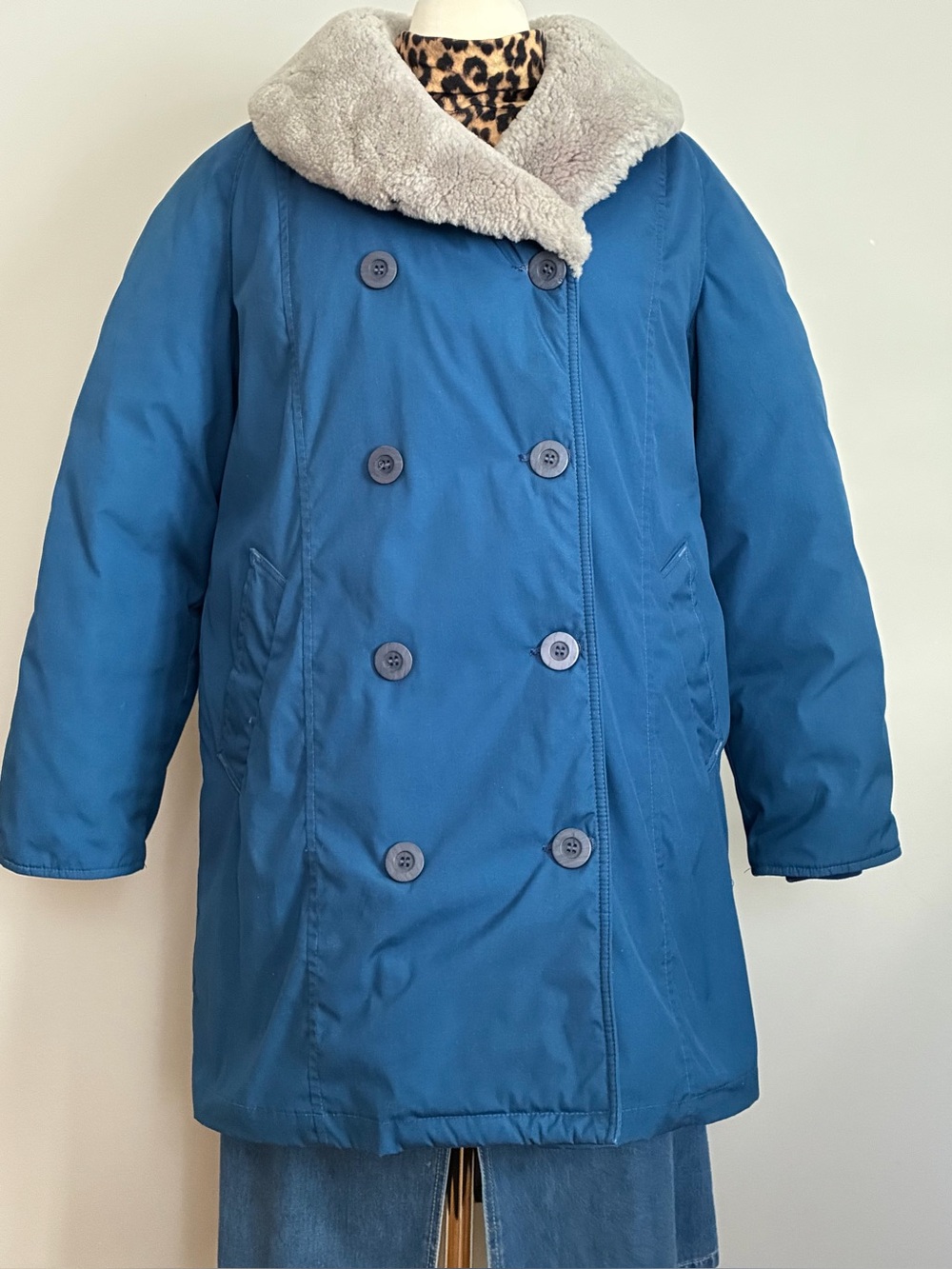 Vintage 90s Eddie Bauer Blue Double-Breasted Goose Down WARM Pea Coat